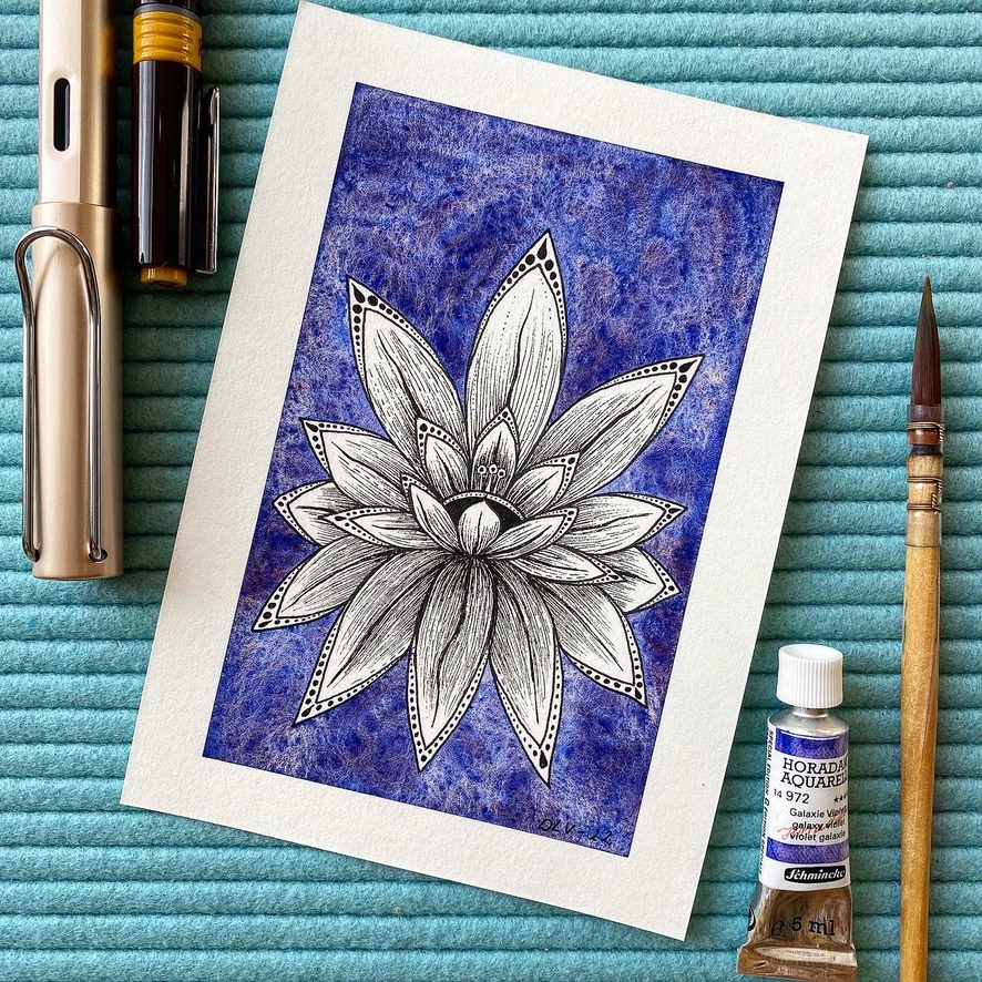 Ink and Watercolour Lotus Flower Card