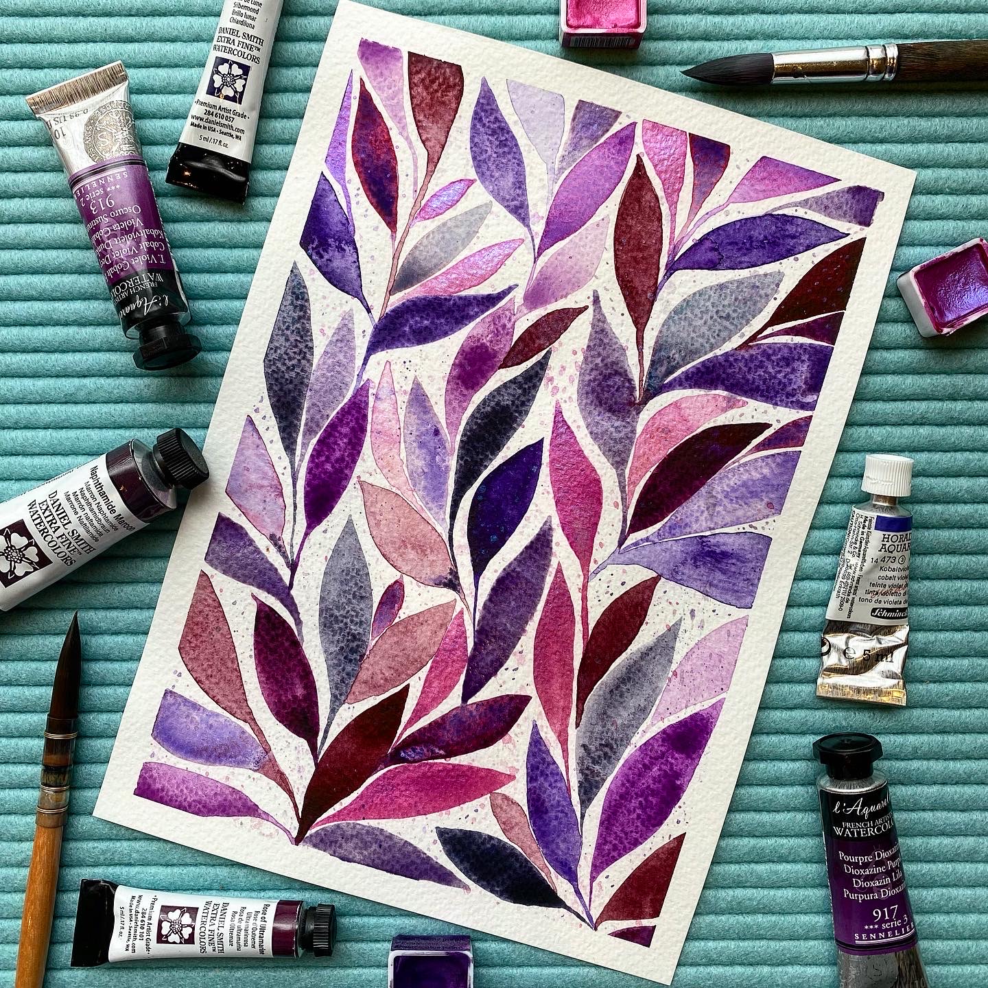 Purple watercolour leaf pattern